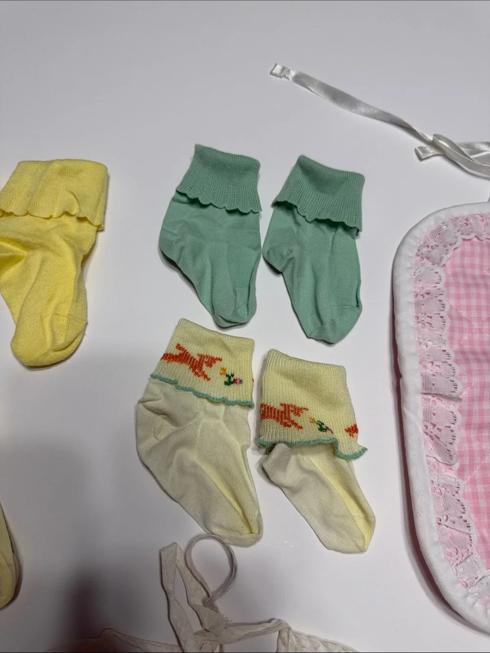 Assorted Vintage Baby Bibs and Socks Set - Pink, White, Yellow, Green